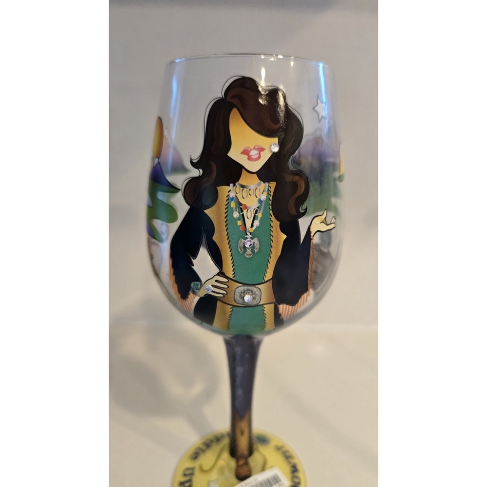 The Bird Shed Apres Ski Saddle Up Wine Glass Hand-painted Cowgirl Rhinestone New